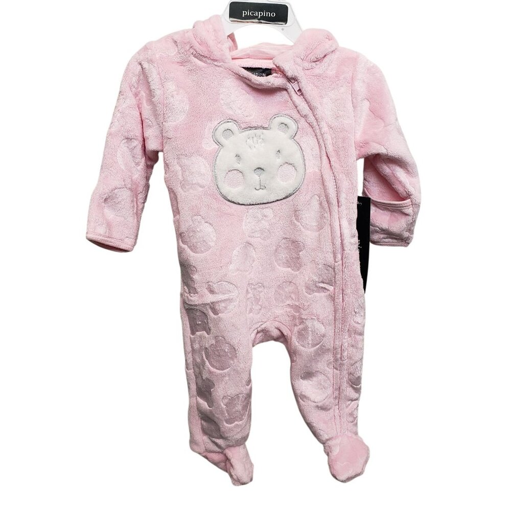 Picapino One Piece Snow Suit Baby Pink Bear Size 3-6 Month